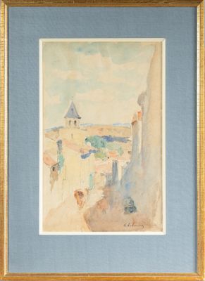 une aquarelle représentant une vue d'une ville