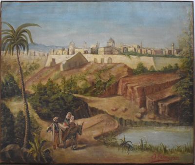 peinture représentant un tableau représentant un paysage avec un homme et une femme assis sur un cheval