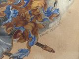 a picture of a painting of a vase with flowers in it