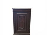 an image of a small wooden cabinet on wheels against a white background