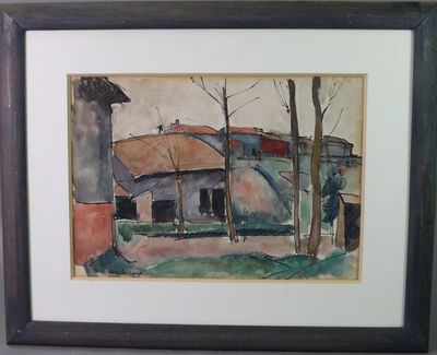 aquarelle encadrée représentant une scène de ferme avec une grange en arrière-plan