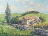 an oil painting of a house in a field with a hill in the background
