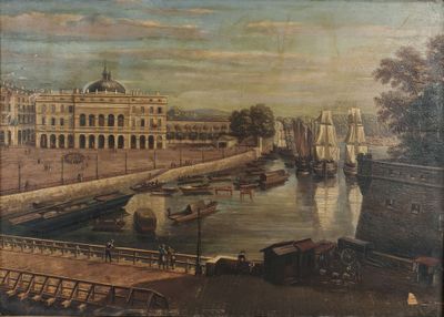painting of a view of a river with boats and buildings in the background