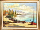 an oil painting of a beach scene with boats on the shore