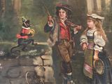 a painting of two children playing violin in the woods
