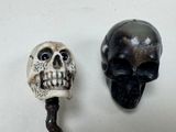 two skulls that are sitting next to each other on a stick