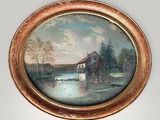 une image représentant un tableau d'une maison au bord d'un lac