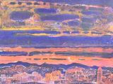 une image représentant un tableau représentant une vue d'une ville au coucher du soleil