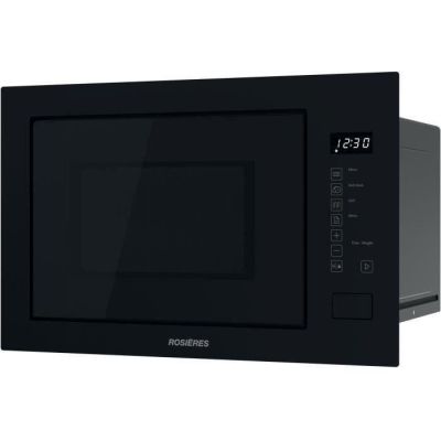 the microwave is black and has a digital clock on the front