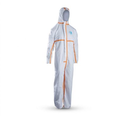 a white and orange coverall with a hood on it