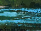 a picture of a painting of a river with trees in the background