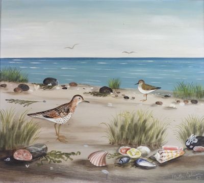 a painting of birds on the beach by the water