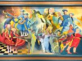 a painting of a group of people on a checkered floor