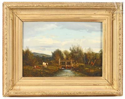 an oil painting of cows grazing in a pasture by a stream