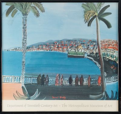painting of a view of a city with palm trees and a body of water