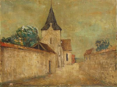 une image représentant une peinture d'une église avec un clocher en arrière-plan