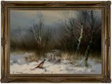 an oil painting of pheasants in the snow with trees in the background