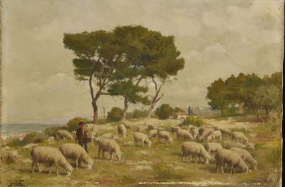 tableau représentant un troupeau de moutons paissant dans un champ, avec un arbre en arrière-plan