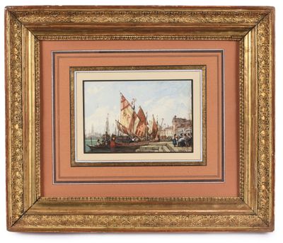 une peinture de bateaux dans un port avec des bâtiments à l'arrière-plan