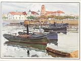 a painting of a harbor scene with boats in the water