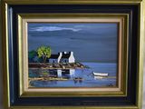 painting of a boat on a body of water with a house in the background
