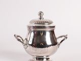 silver plated teapot with handles and a lid on a white background