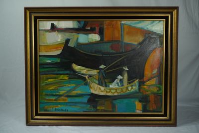 une image d'un tableau représentant un bateau sur l'eau