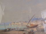 a picture of a painting of boats on the beach