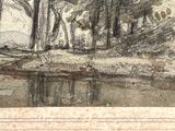 dessin d'un paysage avec des arbres et une rivière au premier plan