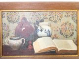 a painting of a book and a vase on a table
