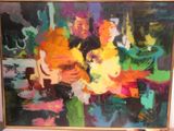 une peinture représentant un groupe de personnes assises sur un canapé