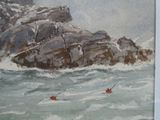 une peinture représentant deux kayakistes dans l'eau, près d'un gros rocher