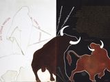 a picture of a picture of a bull and a man on a horse