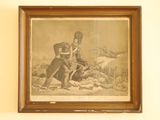 tableau représentant un homme et une femme accompagnés d'un chien dans un paysage enneigé