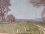 a painting of a country road with trees in the background
