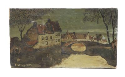 École du XXe siècle. Vue de village au pont. - Photo 1