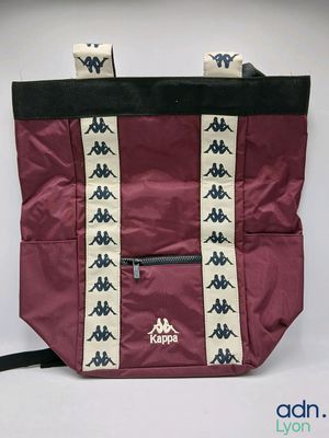 purple and black tote bag with white and black design