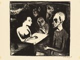 a black and white drawing of a man and a woman at a table