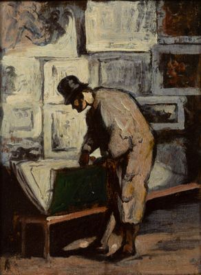 tableau représentant un homme debout devant une boîte verte, devant un mur de briques