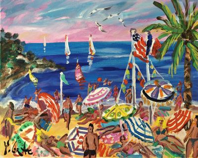 a painting of a beach scene with people on the beach