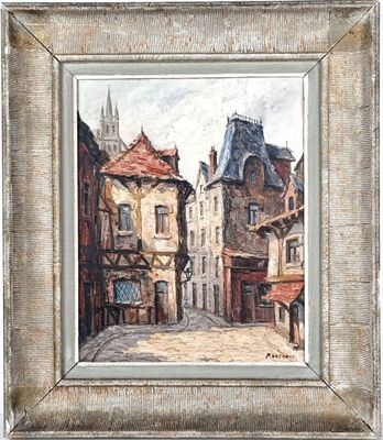 P. LACROIX (XXe). "Ville avec maisons à colombages", huile s…