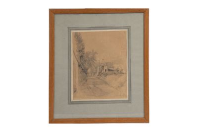 une image représentant un dessin d'une maison et d'arbres dans un champ