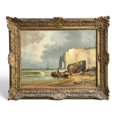 an image of a painting of boats on a beach near a cliff