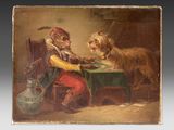 an old painting of a man and a dog sitting at a table