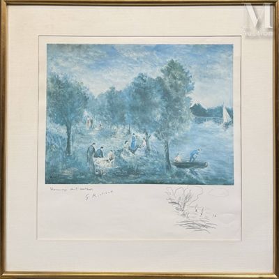 tableau représentant un groupe d'oiseaux survolant un plan d'eau