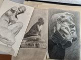 three pencil drawings of a man and a woman sitting on a bench