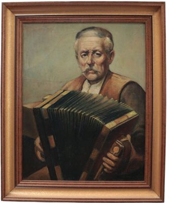 an old painting of a man holding an accordion in his hand