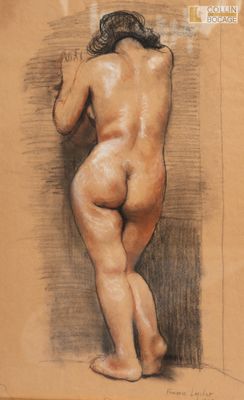 dessin représentant une femme nue adossée à un mur, de dos par rapport à l'appareil photo