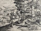 a black and white drawing of a man and a horse in a wooded area
