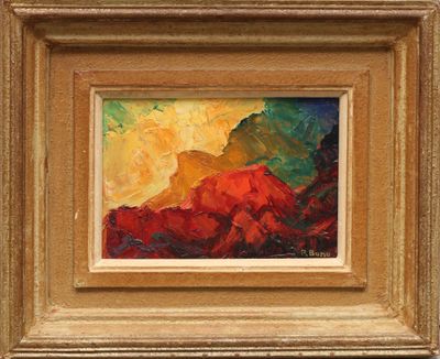 an oil painting of a red mountain in a gold frame
